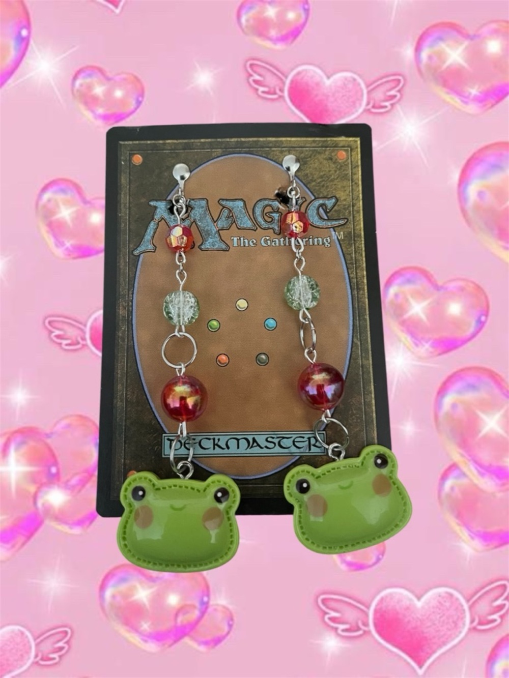 Green Frog Dangle Earrings - Beaded Charm Earrings clip ons
